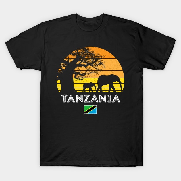 Tanzania Elephant Safari Vintage Sunset Baobab Africa Flag T-Shirt by BraaiNinja